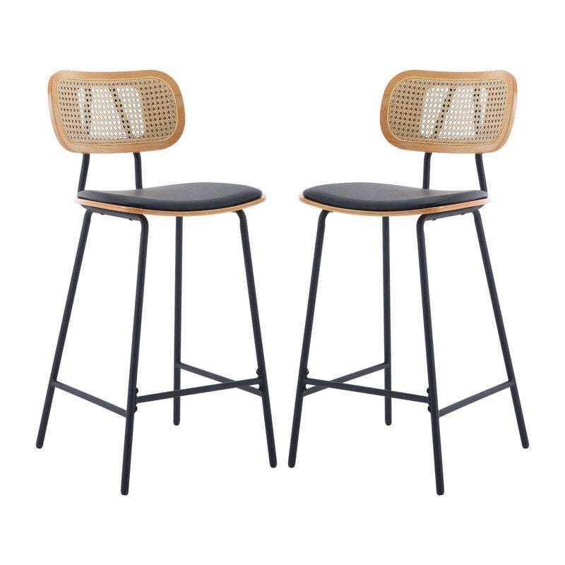 foto del prodotto set di 2 sgabelli da bar sgabelli cucina imbottite in rattan sedia da bar retr con cuscino in ecopelle sgabelli alti per cucina bancone, nero
