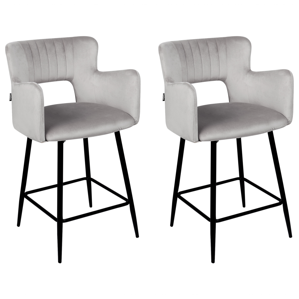 foto del prodotto set di 2 sgabelli da bar velluto grigio braccioli schienale intagliato gambe in metallo moderna industriale
