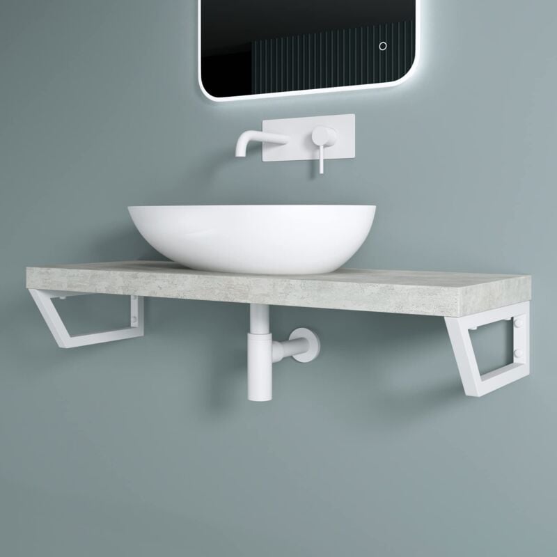 foto del prodotto set di 2 staffe per lavabo reggimensola trapezio 380x150 mm in acciaio inox bianco, supporti da parete per mensole, lavabi e portasciugamani wh04
