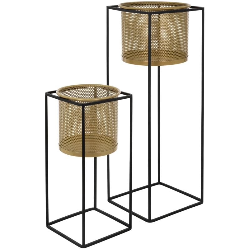 foto del prodotto set di 2 supporti per fiori 21x21x47 25x25x71 cm portafiori in acciaio verniciato a polvere nero e oro vasi per piante portavasi decorativa moderna