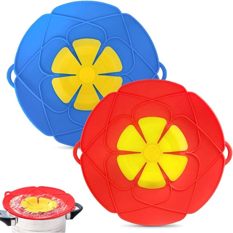foto del prodotto set di 2 tappi anti rovesciamento in silicone per pentole e padelle, blu e rosso sollbry
