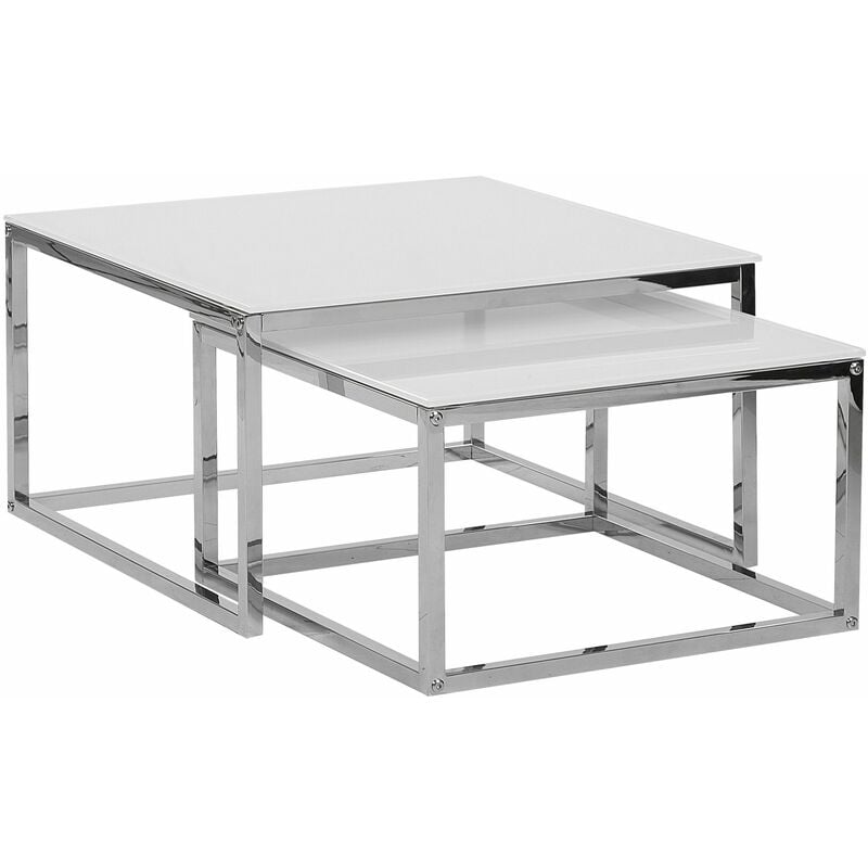 foto del prodotto set di 2 tavolini a nido da caff piano bianco cornice argento vetro temperato gambe in acciaio inox stile minimalista glam