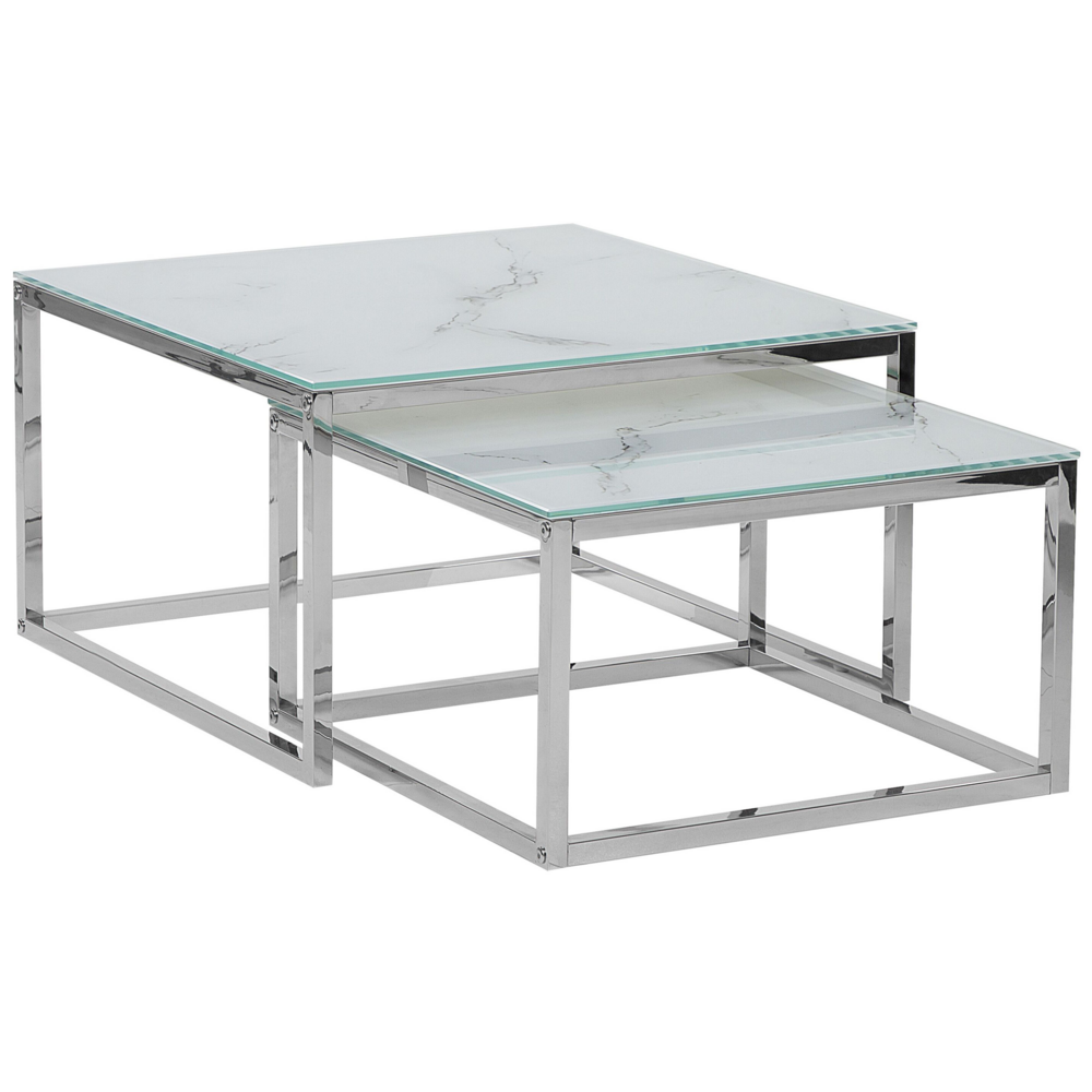 foto del prodotto set di 2 tavolini a nido piano bianco effetto marmo cornice argento vetro temperato gambe acciaio inox stile minimalista glam
