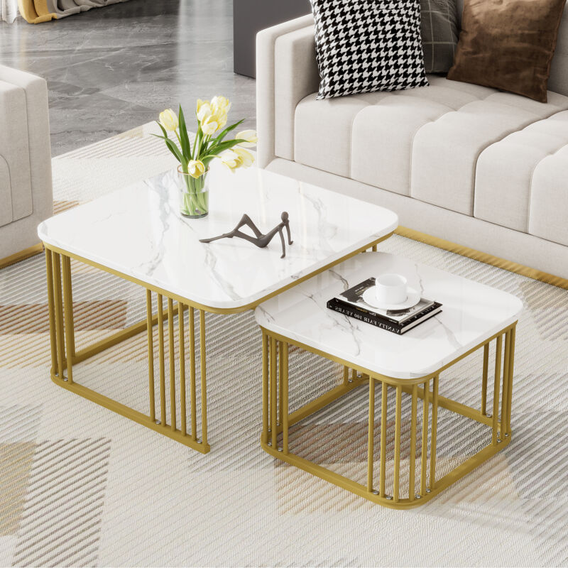 foto del prodotto set di 2 tavolini bassi quadrati con aspetto marmo lucido, tavolini impilabili con gambe dorate, 70 x 70 x 45 cm e 50 x 50 x 36,5 cm, versatili