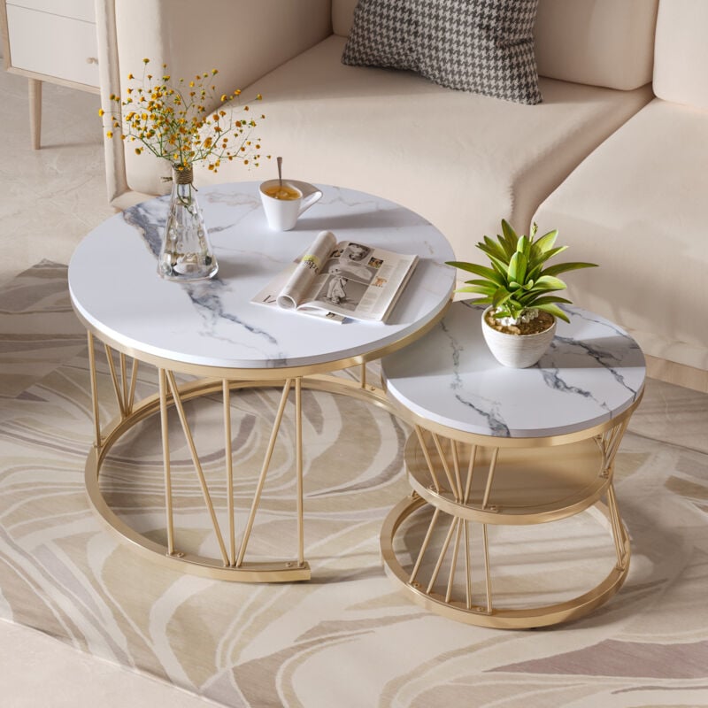 foto del prodotto set di 2 tavolini da caff moderni impilabili, impiallacciato in marmo, rotondo, oro e bianco, 70x70x45 cm, 45x45x40 cm