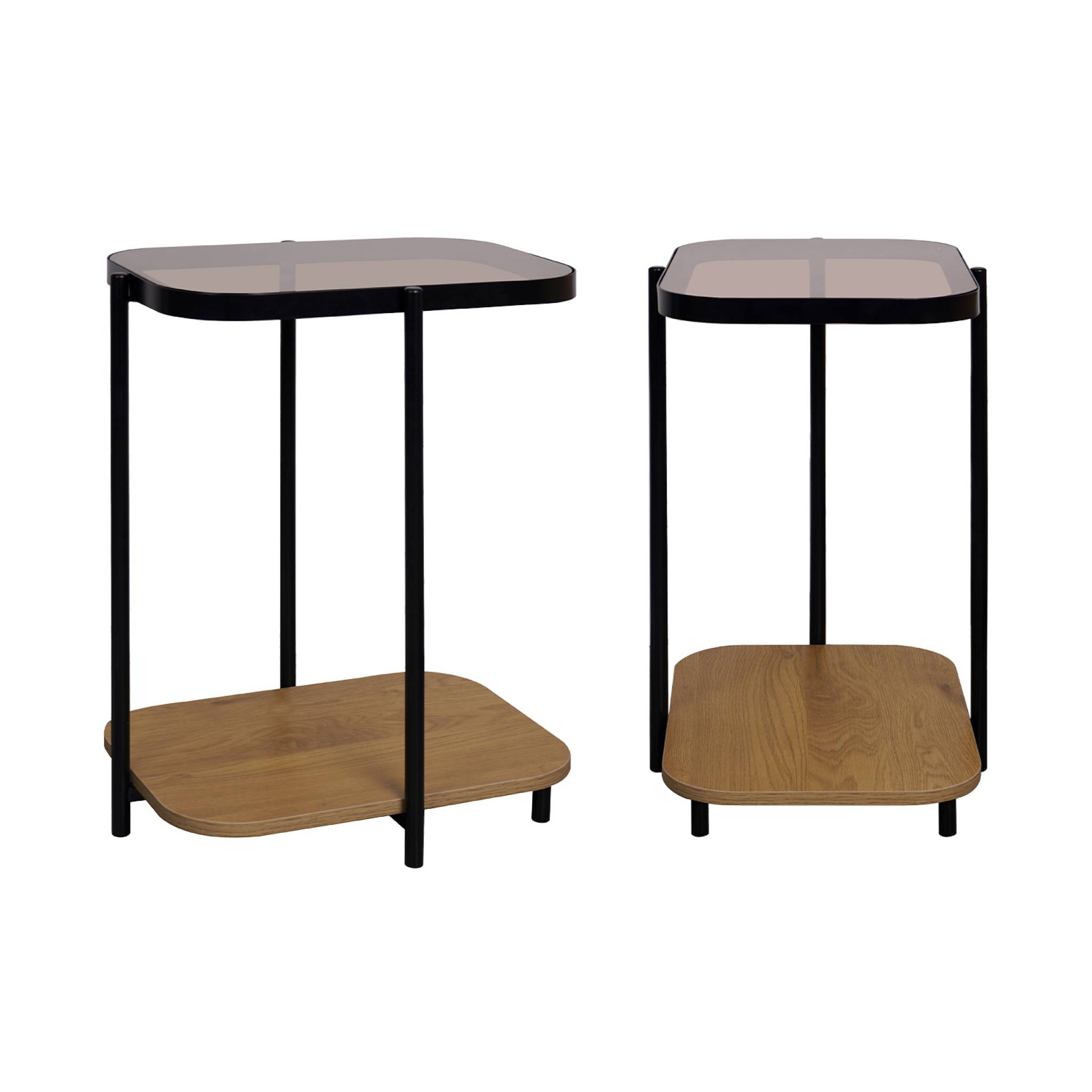 foto del prodotto set di 2 tavolini da divano vintage in metallo nero e vetro, marrone