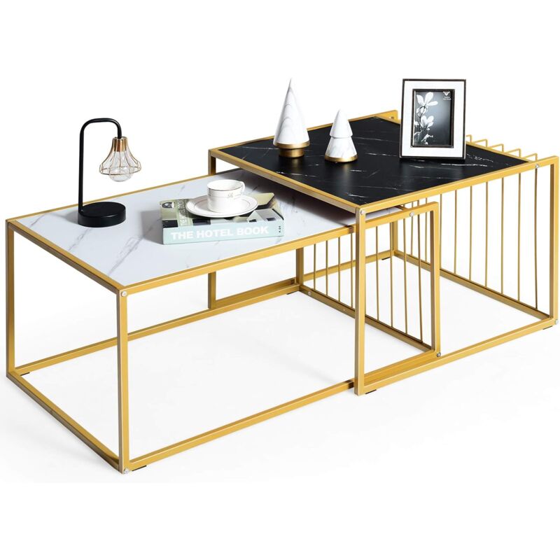 foto del prodotto set di 2 tavolini da salotto, set tavolini sovrapponibili con struttura metallica, tavolini bassi da caff , tavolinetti con design moderno goplus