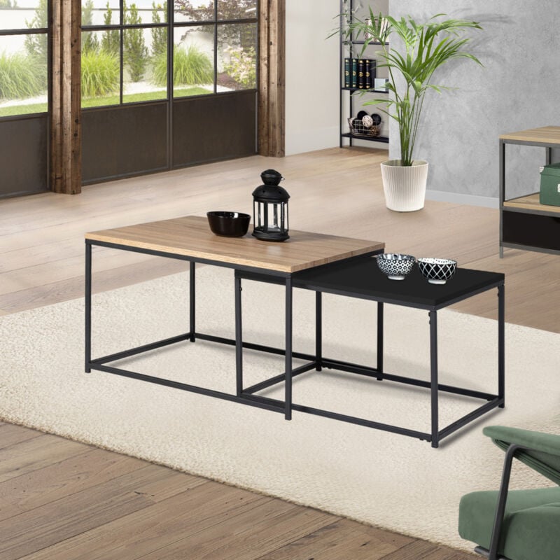 foto del prodotto set di 2 tavolini denton 60 70 in metallo nero e legno, design industriale