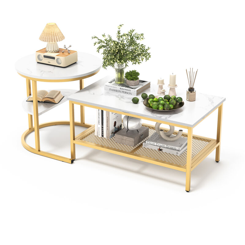 foto del prodotto set di 2 tavolini impilabili, impiallacciatura di marmo, cerchi e rettangoli, bianco e oro, 80x46x41 cm, 52x52x51 cm