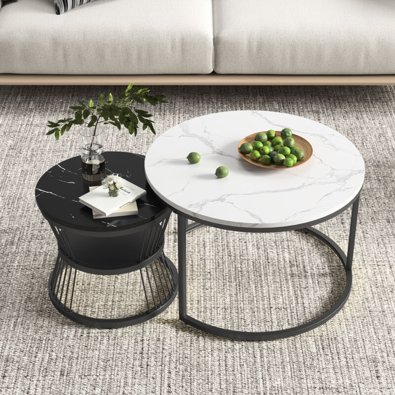 foto del prodotto set di 2 tavolini impilabili, tavolino, impiallacciatura di marmo, struttura in metallo, rotondo, bianco e nero, 70x70x45,5 cm, 45x45x40 cm
