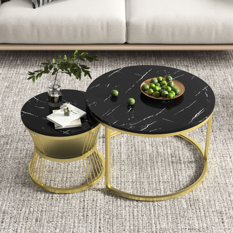 foto del prodotto set di 2 tavolini impilabili, tavolino, impiallacciatura di marmo, struttura in metallo, rotondo, nero, 70x70x45,5 cm, 45x45x40 cm