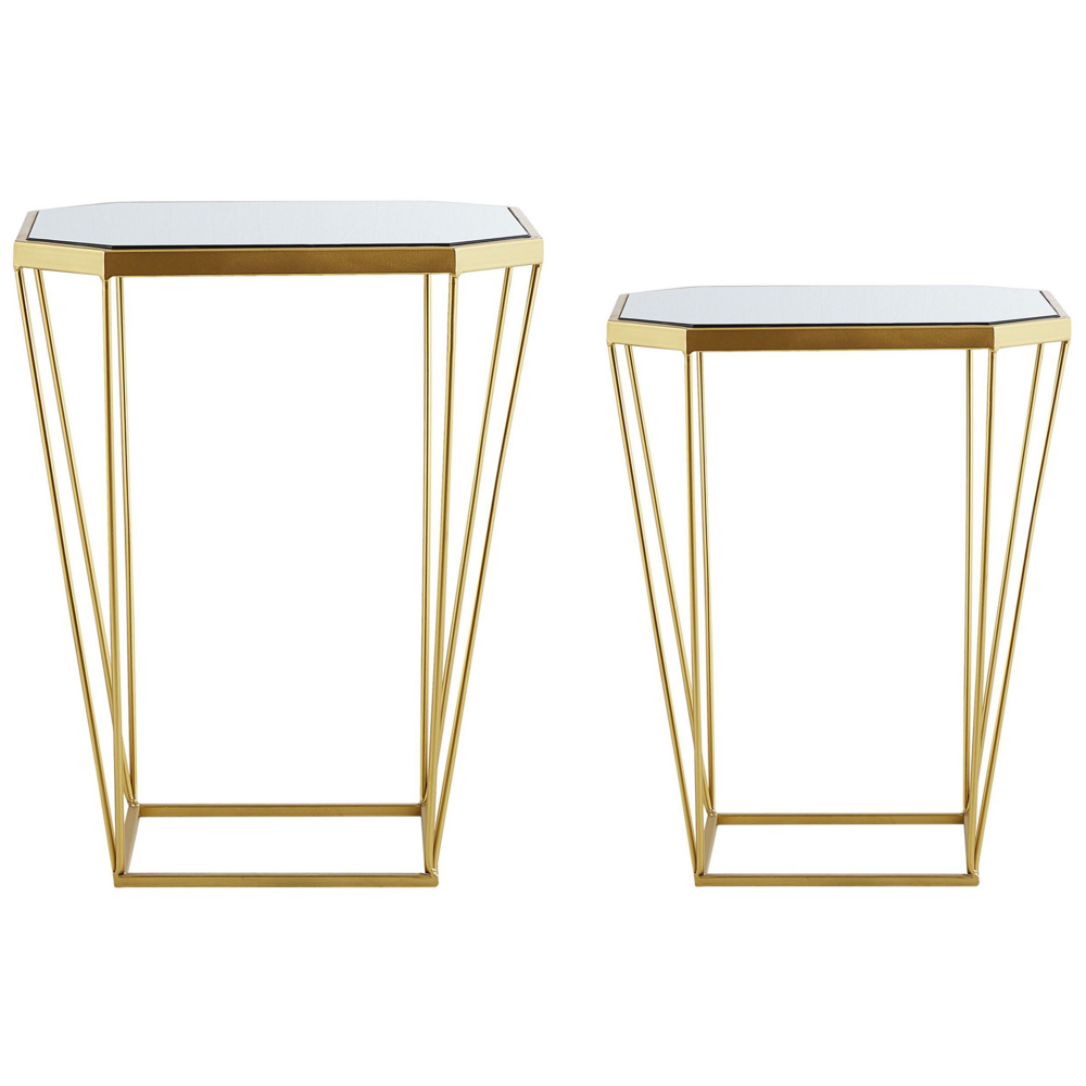 foto del prodotto set di 2 tavolini in metallo base dorato vetro specchio round top decorativo glam""""