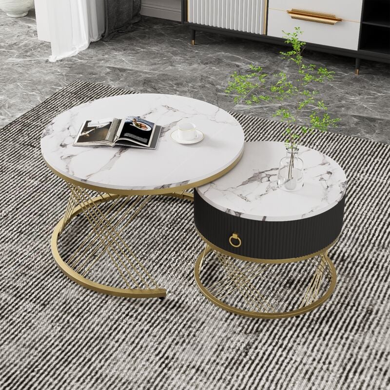 foto del prodotto set di 2 tavolini nesting, impiallacciatura di marmo, tavolino con cassetti, 2 in 1, bianco
