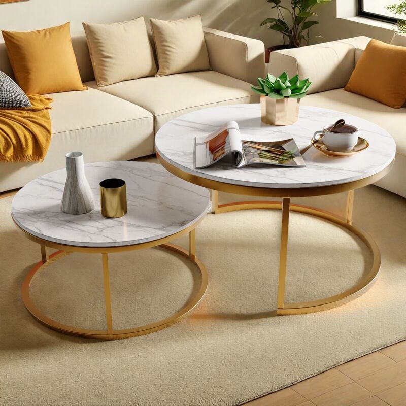foto del prodotto set di 2 tavolini rotondi moderni, impilabili, mobili contemporanei per il soggiorno, piano bianco, struttura oro o nero, tavolo grande 80 x 80 x 45