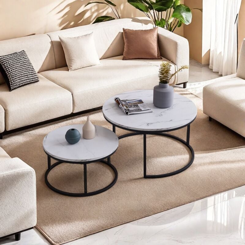 foto del prodotto set di 2 tavolini rotondi moderni, impilabili, mobili contemporanei per il soggiorno, piano bianco, struttura oro o nero, tavolo grande 80 x 80 x 45