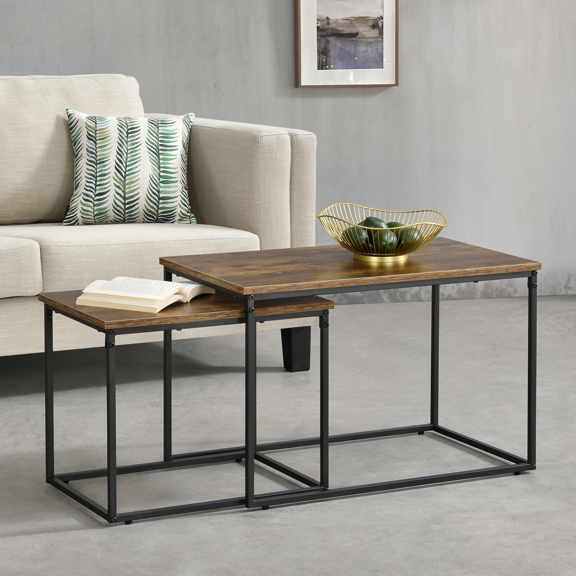 foto del prodotto set di 2 tavolini sovrapponibili h rn sand di forma rettangolare color legno scuro en.casa 