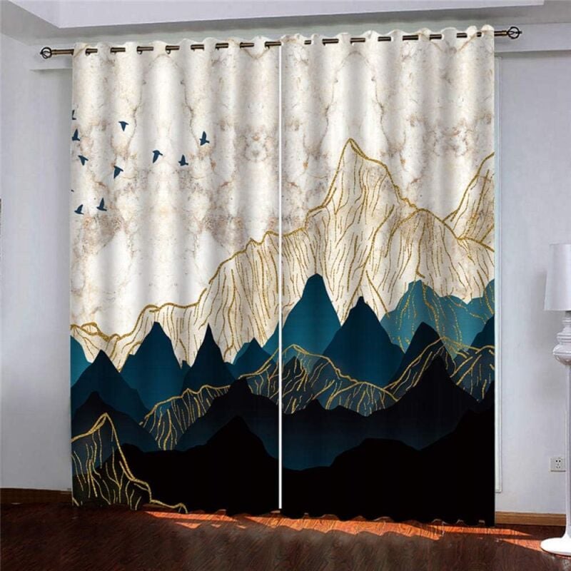 foto del prodotto set di 2 tende oscuranti con occhielli effetto marmo blu e oro e isolamento termico