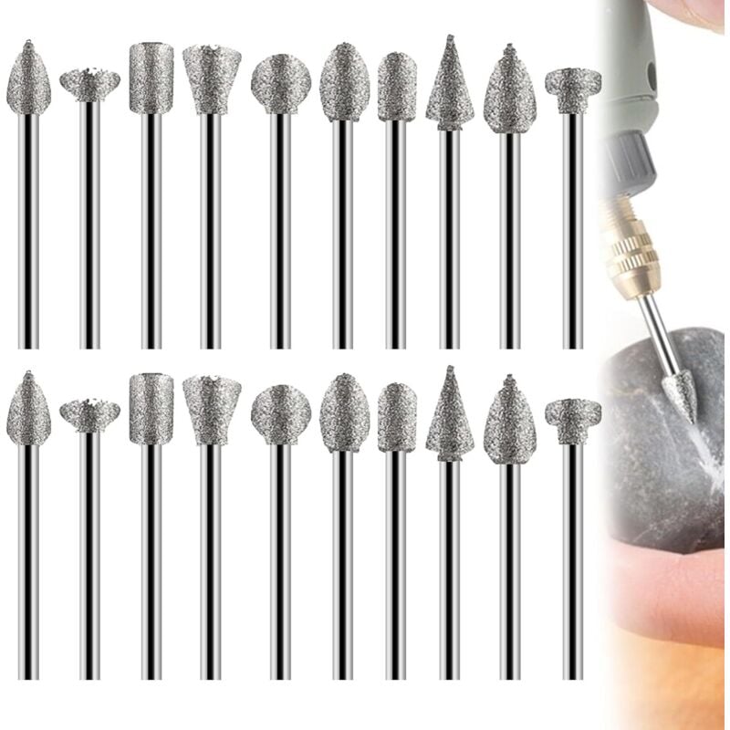 foto del prodotto set di 20 frese rotanti per smerigliatura, set di frese diamantate per intaglio, punte per frese diamantate per smerigliatura, lucidatura e incisione