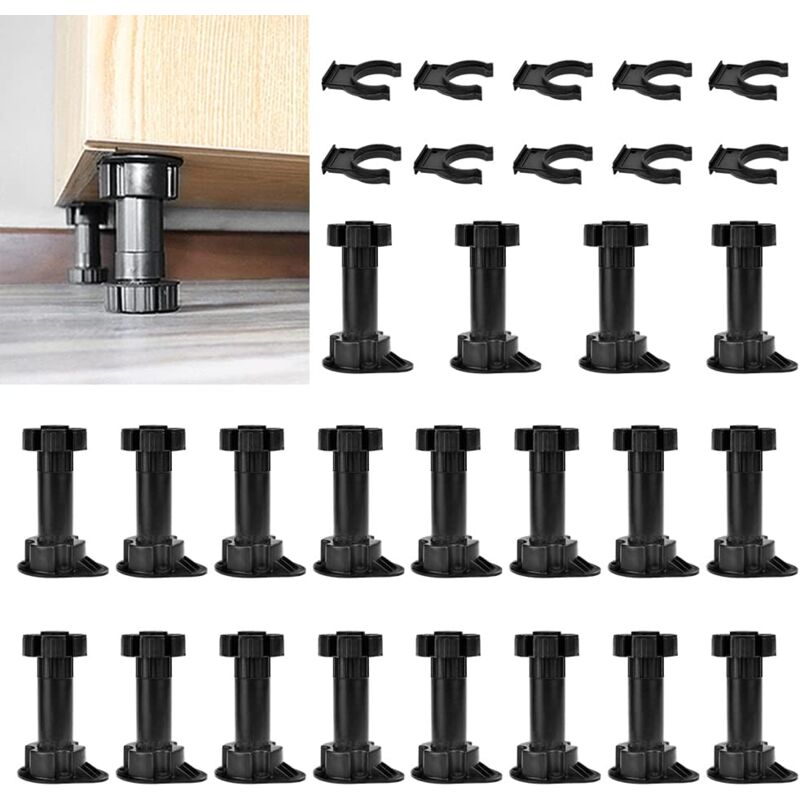 foto del prodotto set di 20 gambe regolabili per mobili, gambe nere per mobili da 100 120 mm, gambe in plastica per mobili con 10 clip per zoccolo, gambe regolabili