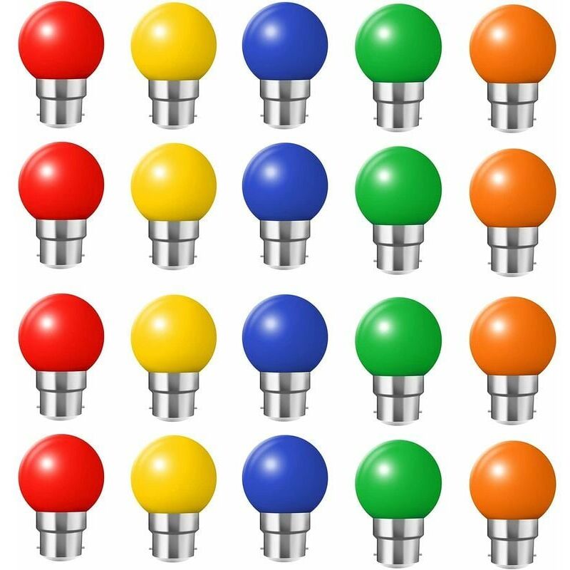 foto del prodotto set di 20 lampadine led colorate b22 a baionetta 2w rossa, gialla, arancione, verde, blu, indistruttibile equivalente 20w 