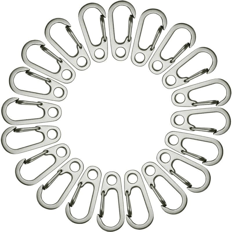 foto del prodotto set di 20 mini moschettoni, ganci a scatto, clip portachiavi, fibbia a molla, chiusure per zaino, ganci per campeggio, argento