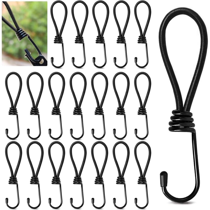 foto del prodotto set di 20 tenditori elastici con ganci, gancio tenditore elastico corto da 15 cm, corde elastiche con ganci, tenditore elastico per fissare teloni,