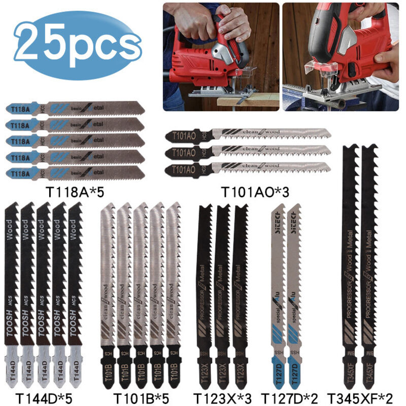 foto del prodotto set di 25 lame per seghetto alternativo t118a t144d t101b t123x t101ao t127d t345xf per tagliare metallo legno plastica per bosch, black 