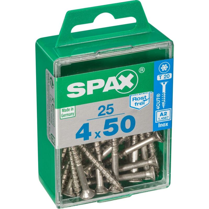 foto del prodotto set di 25 viti spax in acciaio inox testa svasata torx, diam.4 mm x l.50 mm spax