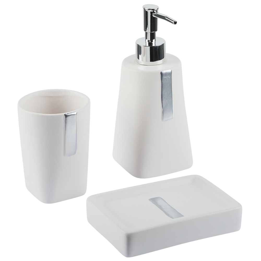 foto del prodotto set di 3 accessori bagno in ceramica beige dispenser sapone porta sapone portaspazzolini