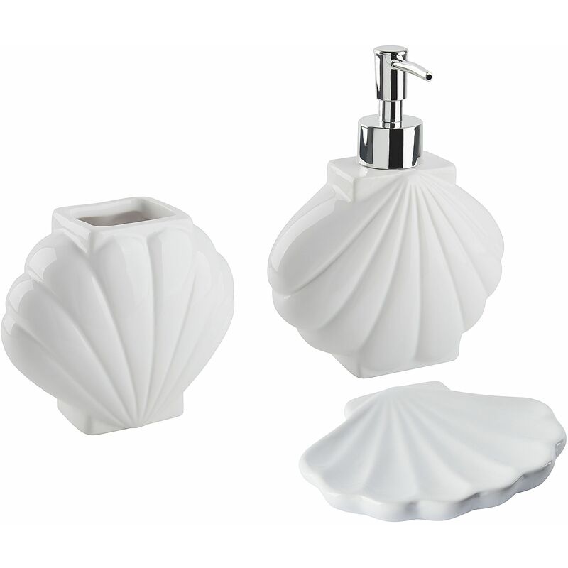 foto del prodotto set di 3 accessori bagno in ceramica bianca dispenser sapone porta sapone portaspazzolini shell