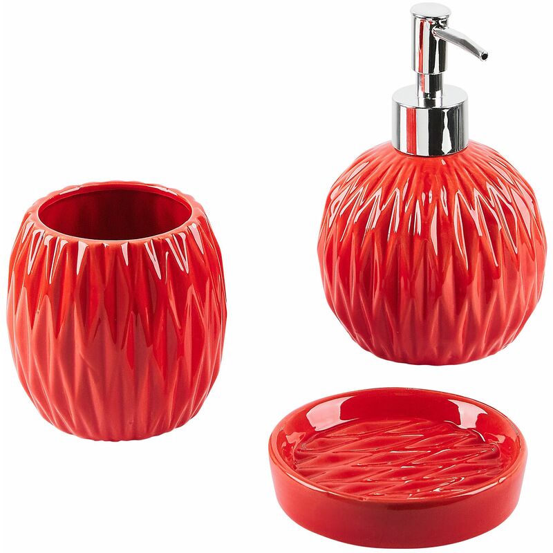 foto del prodotto set di 3 accessori bagno in ceramica rossa dispenser sapone porta sapone portaspazzolini belem