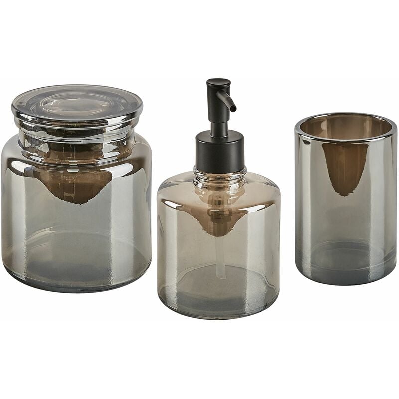 foto del prodotto set di 3 accessori bagno in vetro grafite e argento dispenser sapone bicchiere contenitore managua