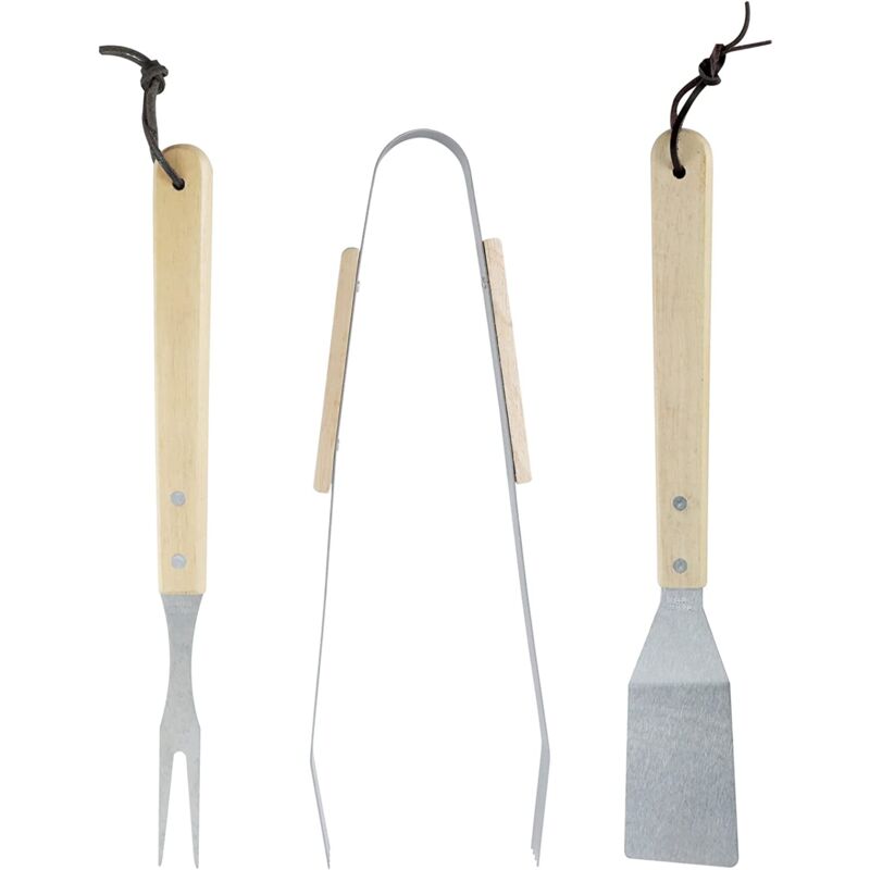 foto del prodotto set di 3 attrezzi per barbecue in acciaio e legno spatola, pinza e forchettone dim. 35x6.8x1.5 cm.35x9.5x2.5 cm.35x2.2x1.5cm
