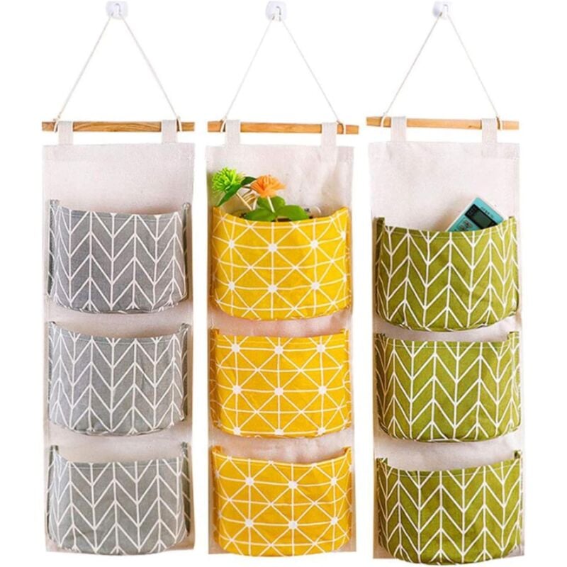 foto del prodotto set di 3 borse portaoggetti da parete in cotone e lino con 3 tasche, organizer da appendere