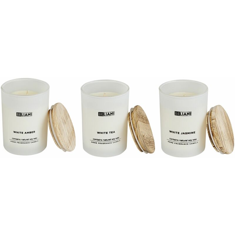 foto del prodotto set di 3 candele profumate 100 cera di soia stoppino di cotone vetro bianco fragranza ambra bianca t bianco gelsomino bianco vetro classico
