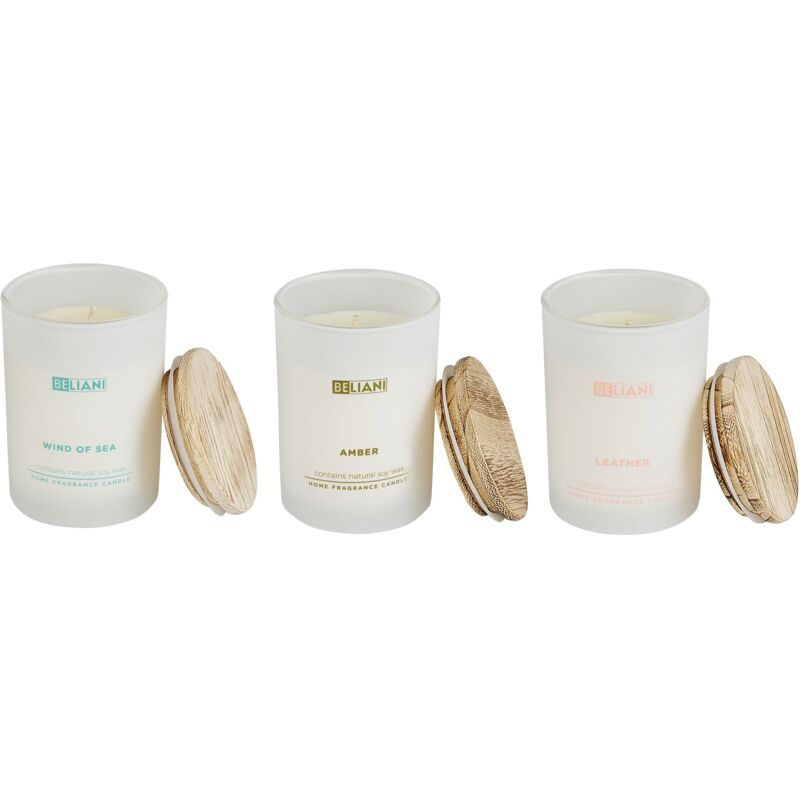 foto del prodotto set di 3 candele profumate 100 cera di soia stoppino di cotone vetro bianco fragranza pelle vento di mare ambra vetro classico