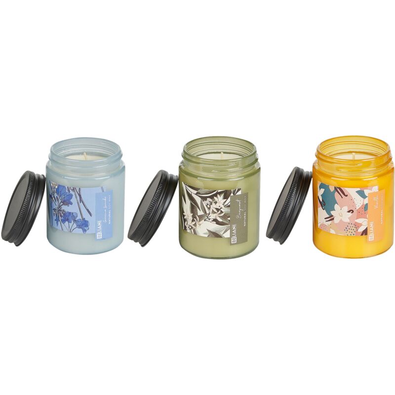 foto del prodotto set di 3 candele profumate 100 cera di soia stoppino di cotone vetro fragranza bergamotto vaniglia lavanda fruity bloom