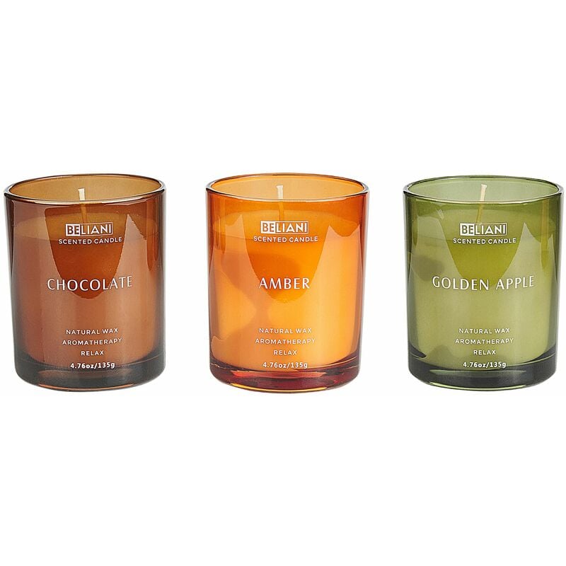 foto del prodotto set di 3 candele profumate 100 cera di soia stoppino di cotone vetro fragranza naturale fresca mela dorata, cioccolato, ambra sheer joy