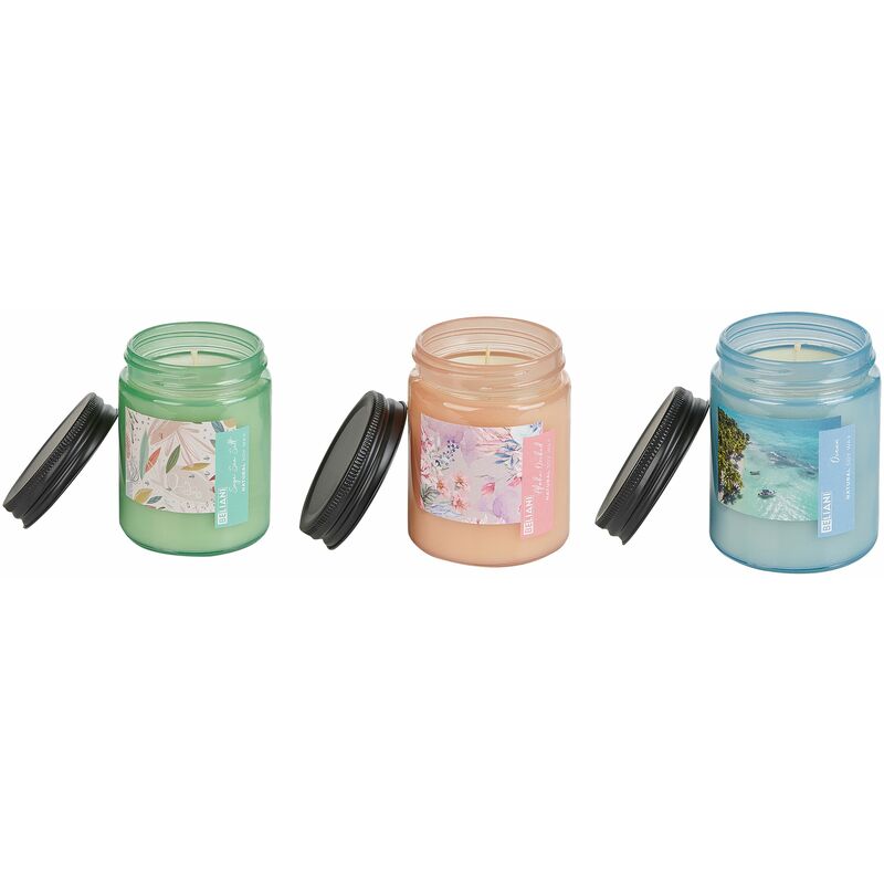 foto del prodotto set di 3 candele profumate 100 cera di soia stoppino di cotone vetro fragranza sale marino oceano aloha orchidea fruity bloom