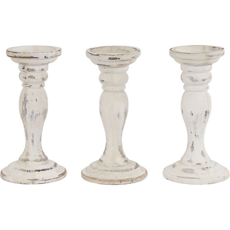 foto del prodotto set di 3 candelieri portacandele stile vintage 24 cm in legno bianco invecchiato 040002990
