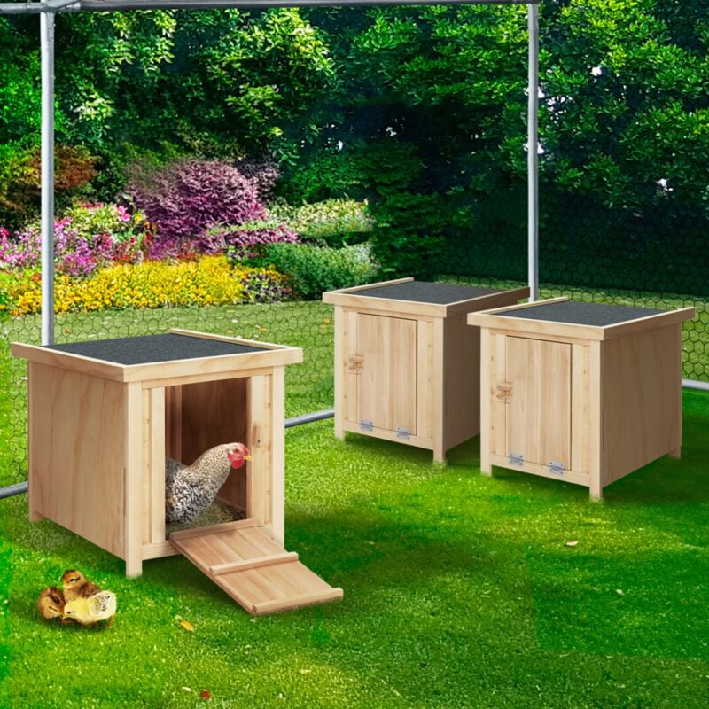 foto del prodotto set di 3 casette in legno per galline con base di appoggio