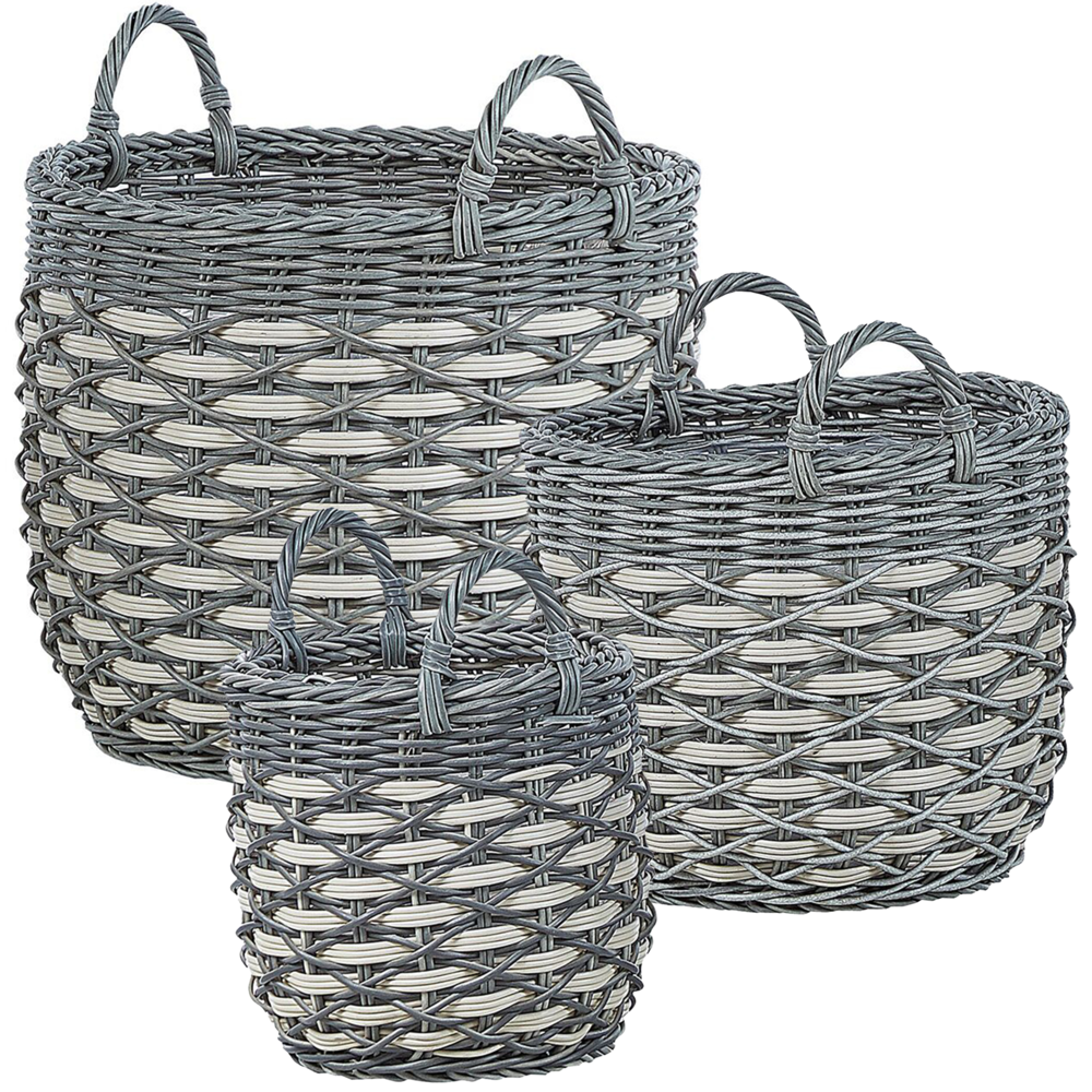 foto del prodotto set di 3 cesti per piante da esterno fioriere rivestite in rattan sintetico grigio e bianco