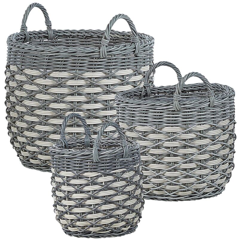 foto del prodotto set di 3 cesti per piante da esterno fioriere rivestite in rattan sintetico grigio e bianco gefira
