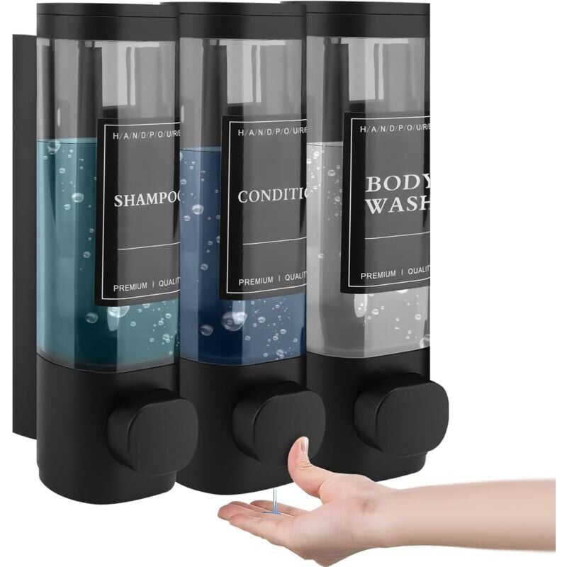 foto del prodotto set di 3 dispenser di sapone, montaggio a parete, 300 ml, senza foratura, per lavandino, bagno, bagnoschiuma, shampoo, lozione per cucina e bagno,