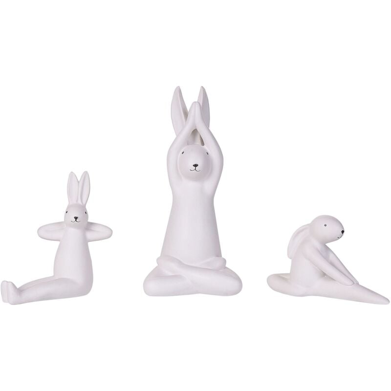 foto del prodotto set di 3 figure coniglietto bianco con finitura bianca in ceramica pasquale fatto a mano posa yoga decorazioni per la tavola
