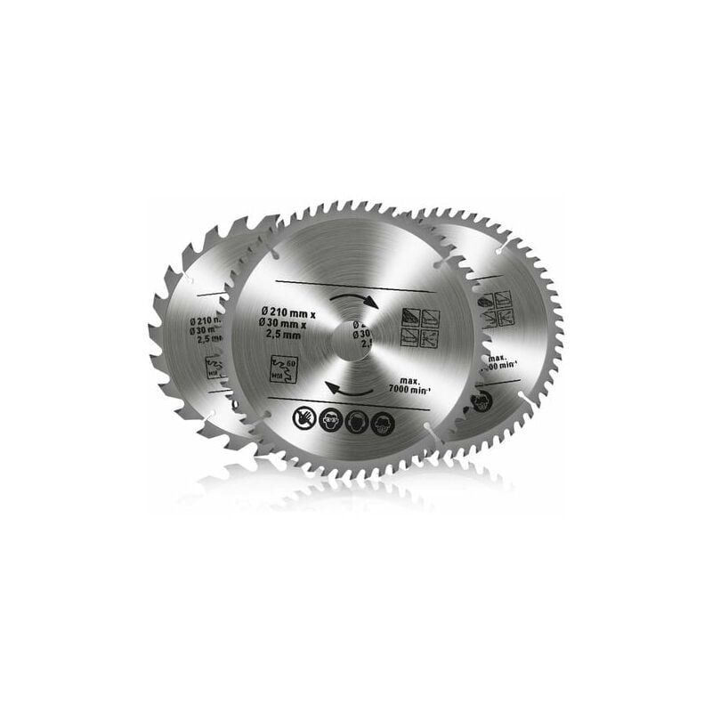 foto del prodotto set di 3 lame per sega circolare in carburo di tungsteno, 24t 48t 60t tct sah per legno metallo e alluminio 210 x 30 mm 