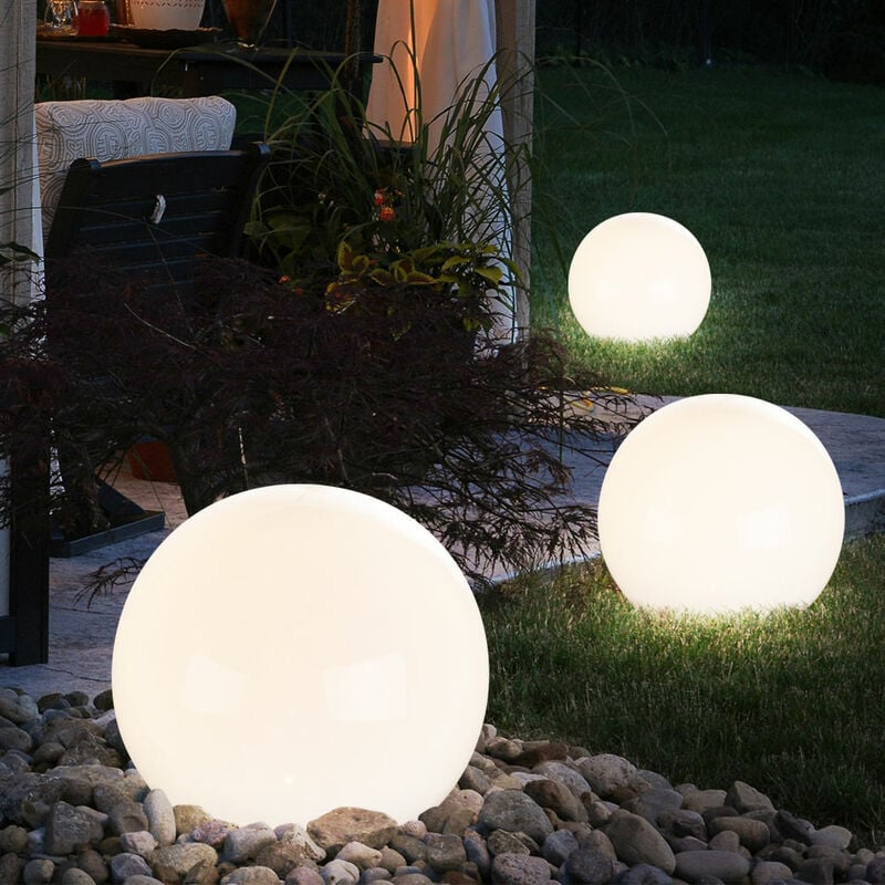 foto del prodotto set di 3 lampade a sfera solari a led per patio, faretto da giardino, illuminazione per esterni, picchetti