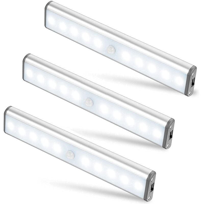 foto del prodotto set di 3 lampade da 10 led, senza fili, ricaricabili tramite usb, magnetiche, con sensore di movimento, 2 modalit di illuminazione, portatili. luce