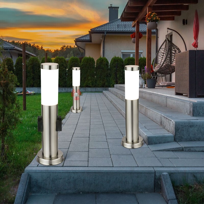 foto del prodotto set di 3 lampade da terra con presa per rilevatore di movimento in acciaio inossidabile nel set incluse lampadine a led