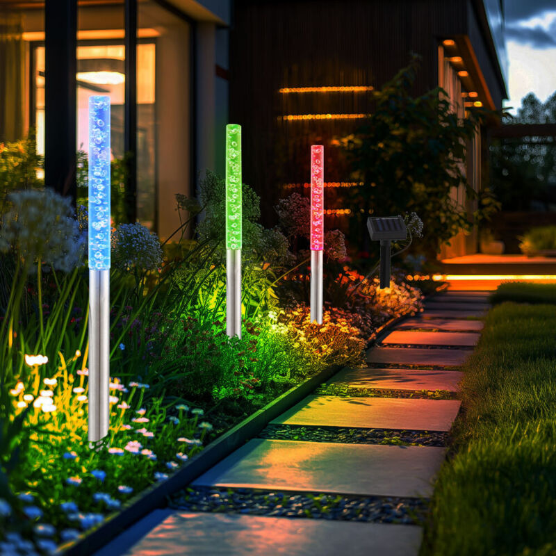foto del prodotto set di 3 lampade led solari da esterno a innesto ip44 con cambio di colore in acciaio inox
